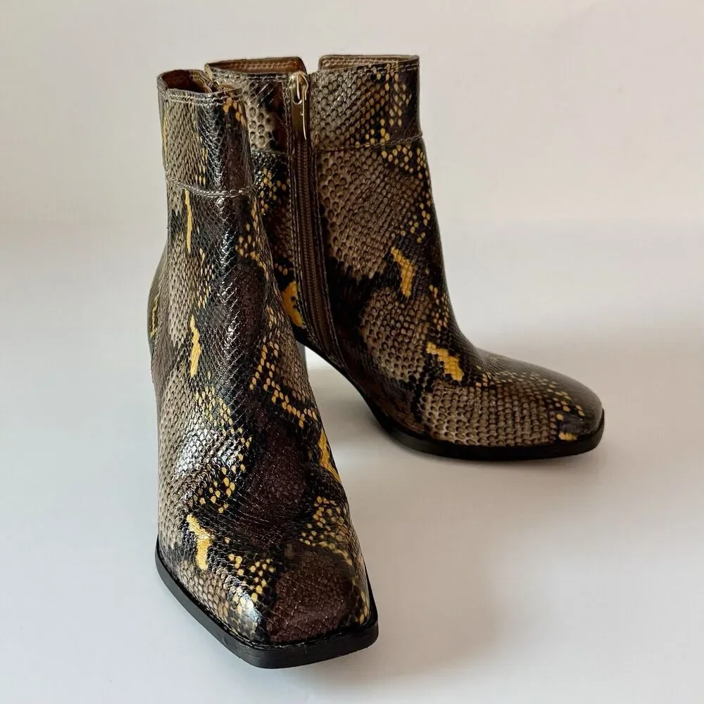 Franco Sarto Women's Size 7M Snake Print Leather Zip Ankle Bootie w/ Block Heel